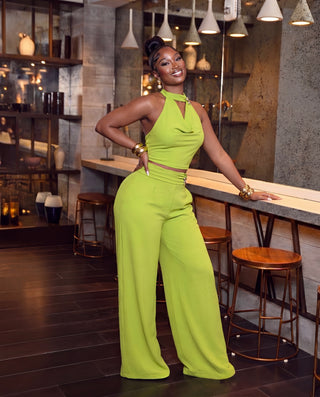 Trim Detail Draped Neck Halter Top with Wide Leg Pants Set