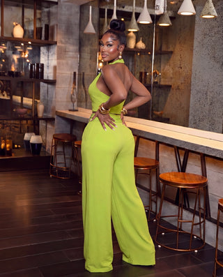 Trim Detail Draped Neck Halter Top with Wide Leg Pants Set