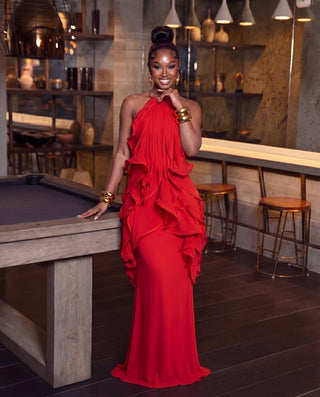 Red Reissa Backless Ruffle Maxi Dress Large