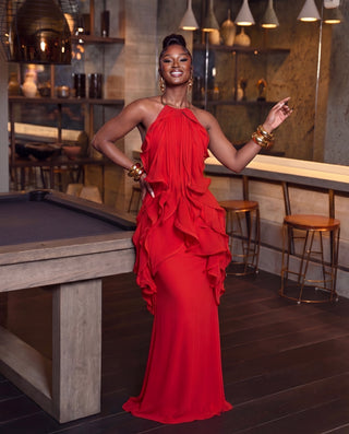 Red Reissa Backless Ruffle Maxi Dress