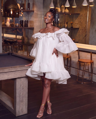White Off Shoulder Ruffled Mini Dress