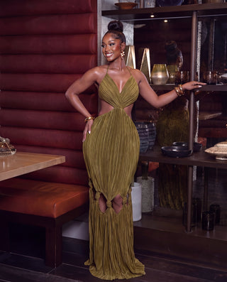 Alexa Pleated Halter Cutout Maxi Dress With Tie Knot Hem Detail
