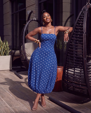 Blue Dottie Midi Bubble Hem Tie Strap Dress