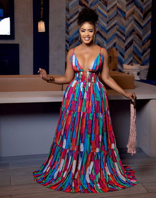 CORSET STYLE MULTI-COLOR PRINTED MAXI DRESS