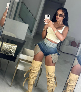 High Waist Ombre Tassel Large Pocket Denim shorts