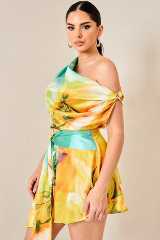 Multi-Colored Draped Asymmetrical Shoulder Romper