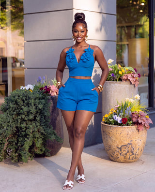 Blue Sleeveless Flower Detail Top with Short Set