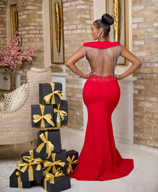 RHINESTONE FRINGE RED OPEN BACK MAXI DRESS ROUND NECK SHOULDER PAD ATTACHED