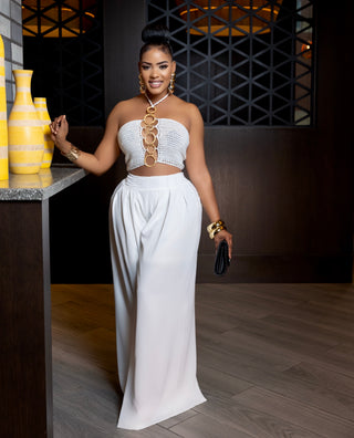 MELLIE OFF-WHITE CROCHET TOP & PANTS SET
