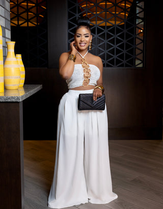 MELLIE OFF-WHITE CROCHET TOP & PANTS SET