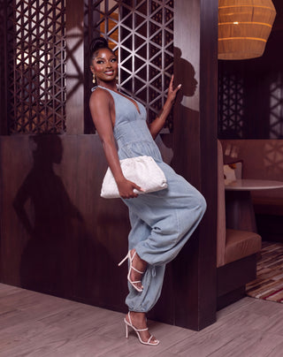 Denim Plunge Neck Corset Top Balloon Pants Jumpsuit