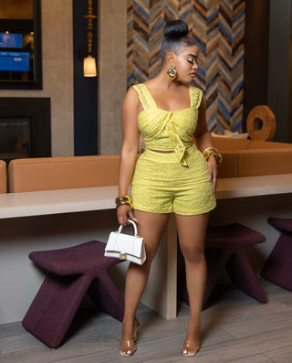 Yellow Embroidered Knot Detail Pleated Top With Shorts Set
