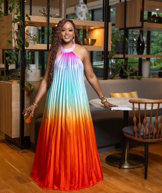 MULTI COLOR PLEATED MAXI DRESS WITH OPEN BACK