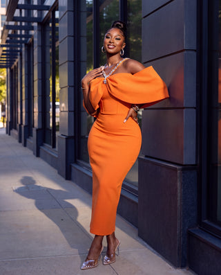 Rivets orange Slit bandage Dress