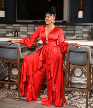 Luxury satin ruffle jumpsuit ( Red )