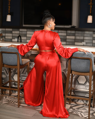 Luxury satin ruffle jumpsuit ( Red )
