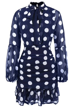 DARK BLUE POLKA DOTS HOLLOW OUT RUFFLE DRESS