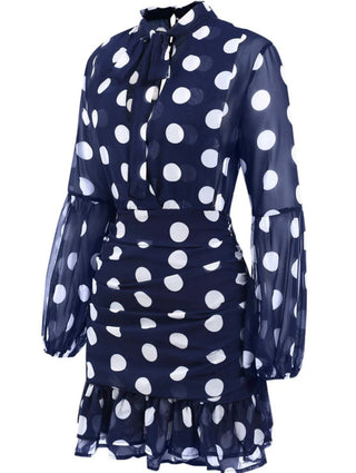 DARK BLUE POLKA DOTS HOLLOW OUT RUFFLE DRESS