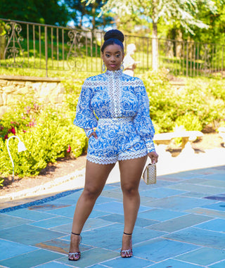 BENITA CROCHET PEARL SHEER BLOUSE & SHORTS SET