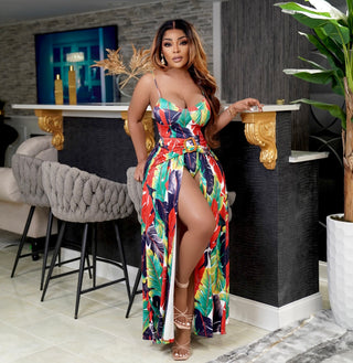 Multicolor large feather print skirt set