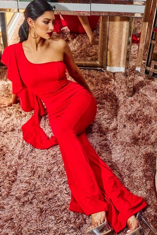 MUNAZZA RED ONE SHOULDER RUFFLE STYLE JUMPSUIT