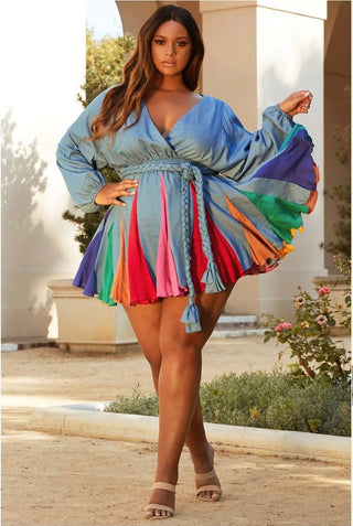 BLUE CHAMBRAY MULTI-COLOR PLEATED  DRESS ( PLUS SIZE ONLY )