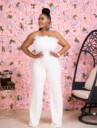 WHITE FUR DETAILED FASHION JUMPSUIT