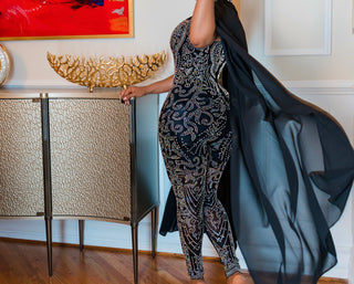 PRINCESS  RHINESTONES MESH SHIFT LONG SLEEVES JUMPSUIT