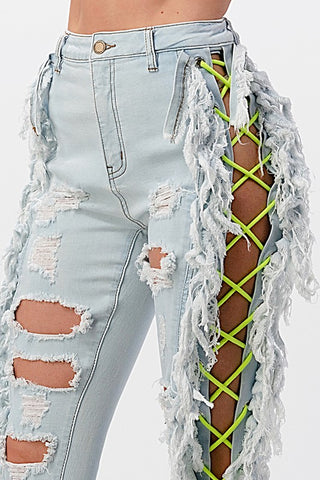 Cleo SKINNY JEANS SIDE FRINGE WITH LACE UP