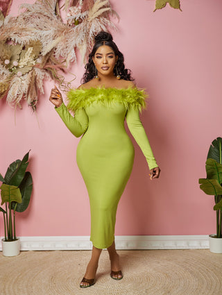 Mia Off shoulder  faux feather dress