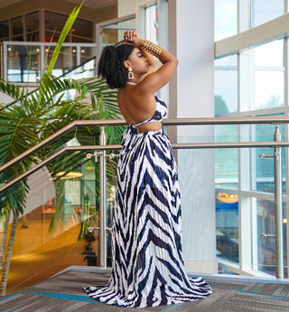 JOVANA ZEBRA PRINT PLEATED MAXI DRESS