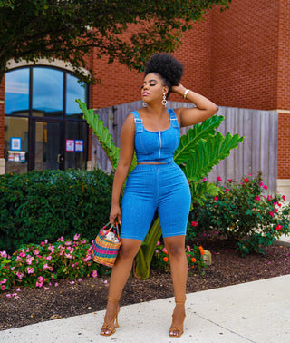 Stretchy SINTRA DENIM CROP TOP DENIM SHORT SET
