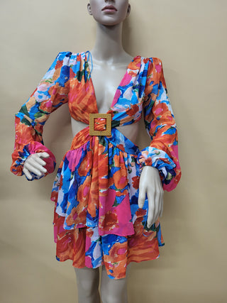 Jiessha Floral Print Cut-Out Ruffle Dress