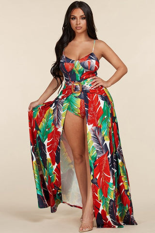 Multicolor large feather print skirt set