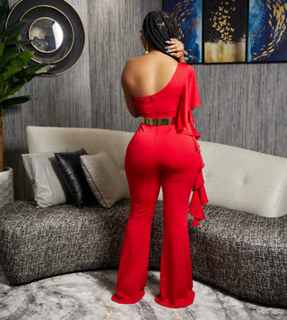 MUNAZZA RED ONE SHOULDER RUFFLE STYLE JUMPSUIT