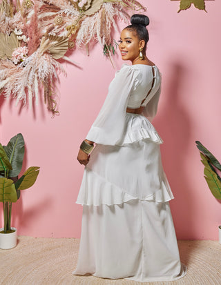 CUT OUT RUFFLE LAYERED MAXI DRESS