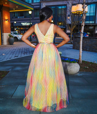 multi color pleated maxi dress with back zipper.