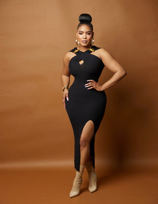 SHEBRA BLACK GOLD MIDI DRESS