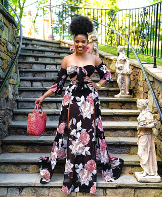 Multi Print Top & Slit Skirt Sheer Set