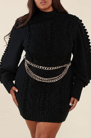 LONG RUFFLE SLEEVE CHAIN BELT BODYCON MINI DRESS