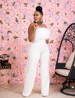 WHITE FUR DETAILED FASHION JUMPSUIT