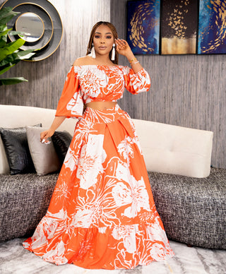 ORANGE JANNY OFF SHOULDER TOP AND MAXI SKIRT SET