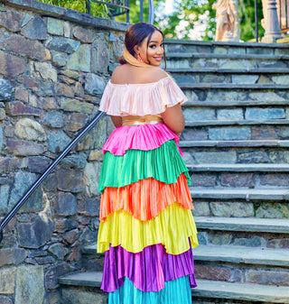 Off shoulder rainbow maxi dress