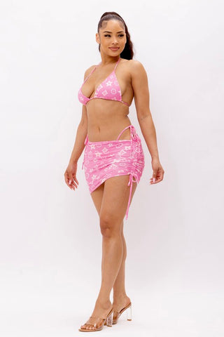 Pink monogram bikini and skirt Three piece set