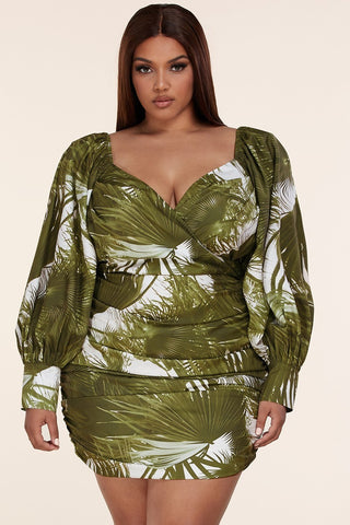 Olive leaf print mini dress