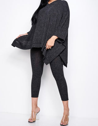 solid rib knit poncho top and leggings two piece set