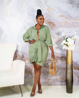 DRAPED FRONT TIE SHIRT MIDI DRESS