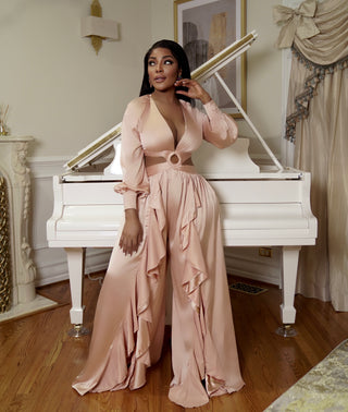 SIDE RUFFLED O RING SIDE CUTOFF JUMPSUIT