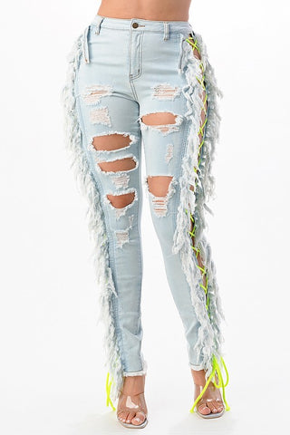 Cleo SKINNY JEANS SIDE FRINGE WITH LACE UP