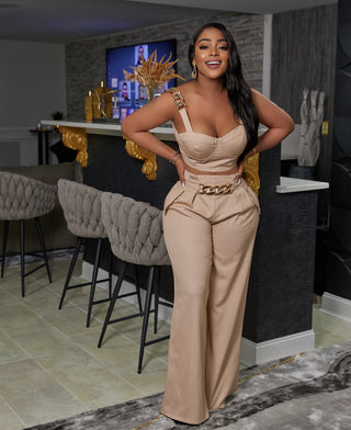 ZIARRE NUDE GOLD CHAIN DETAILS WIDE LEGS PANTS SET